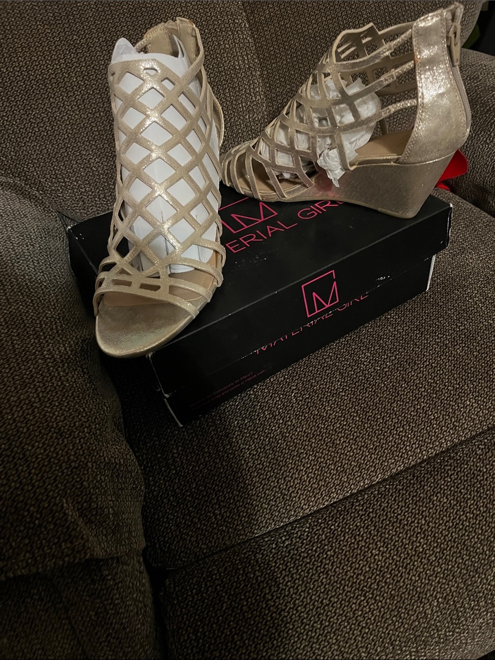 Material Girl Shimmery Lattice Open-Toe Wedge Sandals in Nude